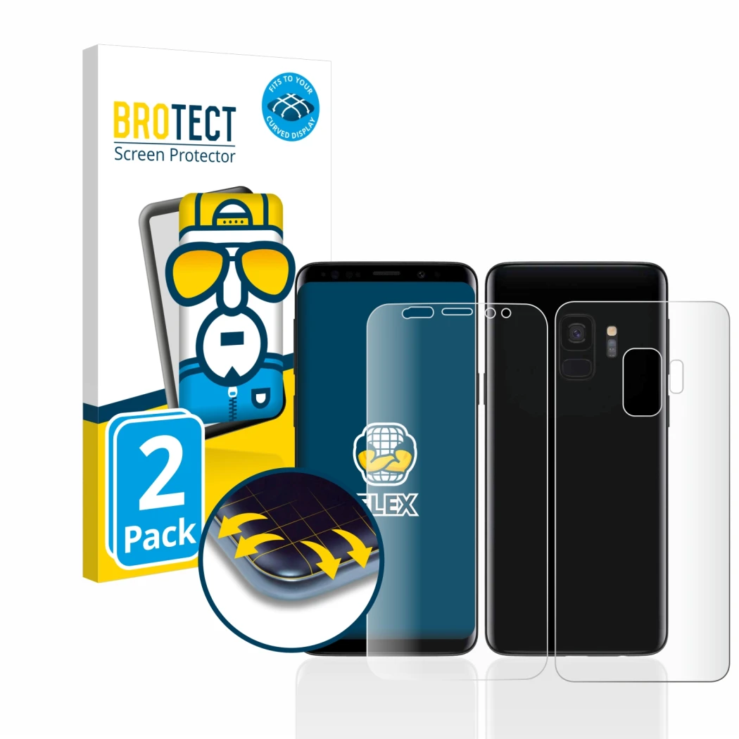 Face avant d’un emballage produit avec le logo de la marque BROTECT. À côté, l’appareil Samsung Galaxy S9 (Avant+Arrière) est 