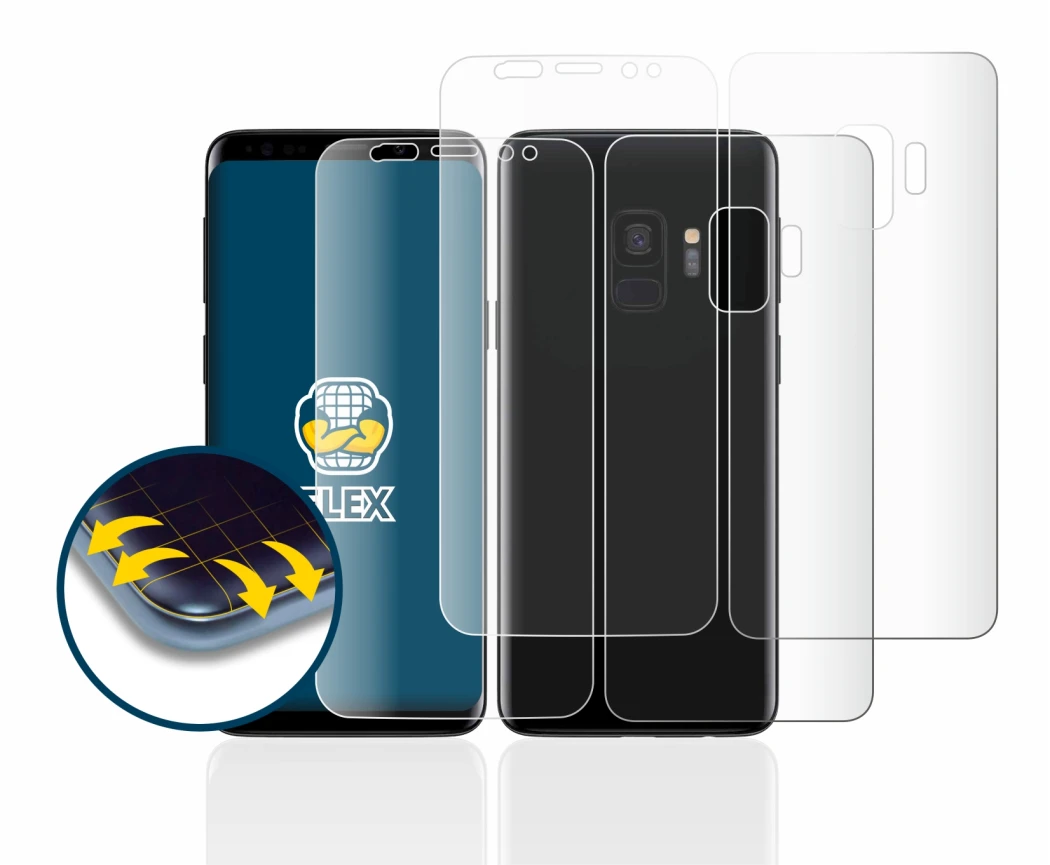 Image de l'appareil Samsung Galaxy S9 (Avant+Arrière) avec une grande variété de protections d'écran.
