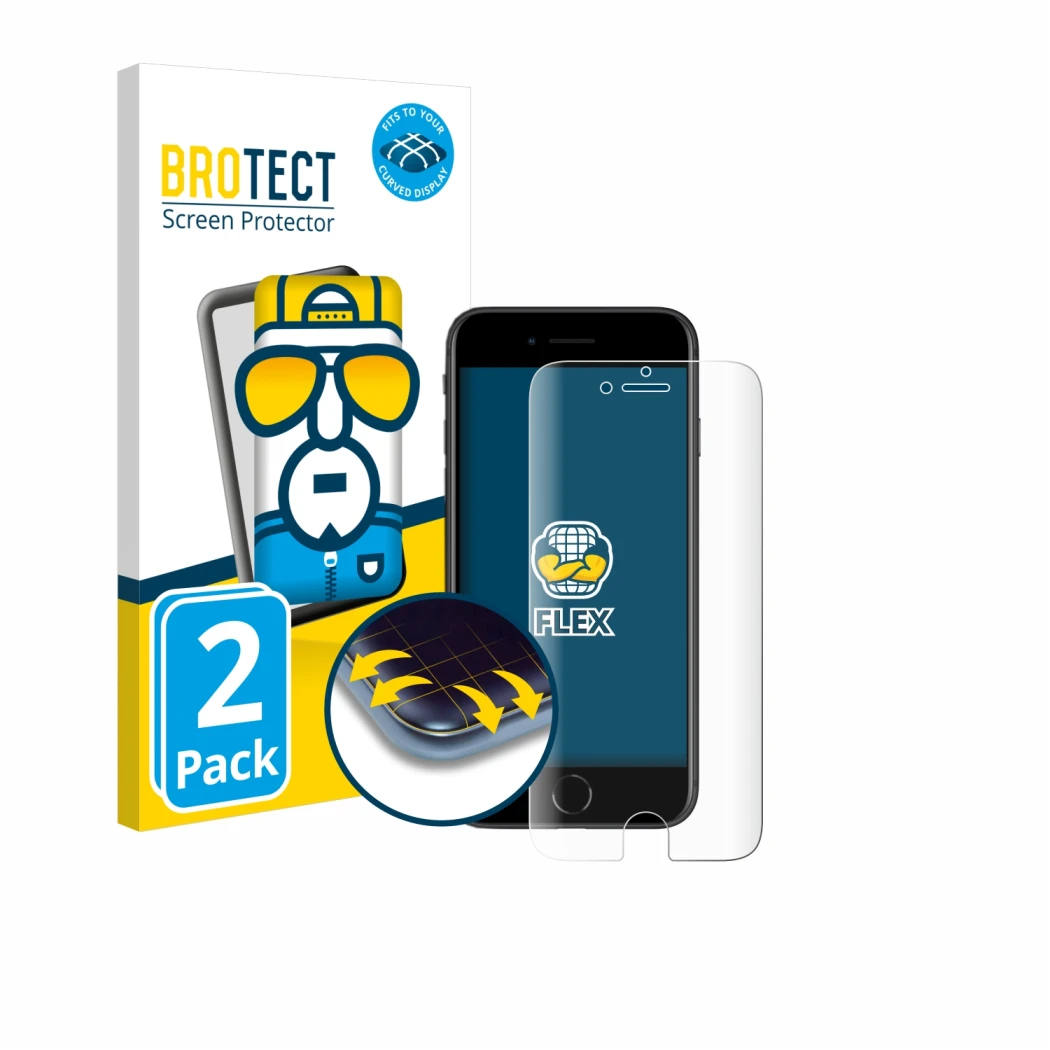 Face avant d’un emballage produit avec le logo de la marque BROTECT. À côté, l’appareil Apple iPhone SE 2 2020 est représenté 