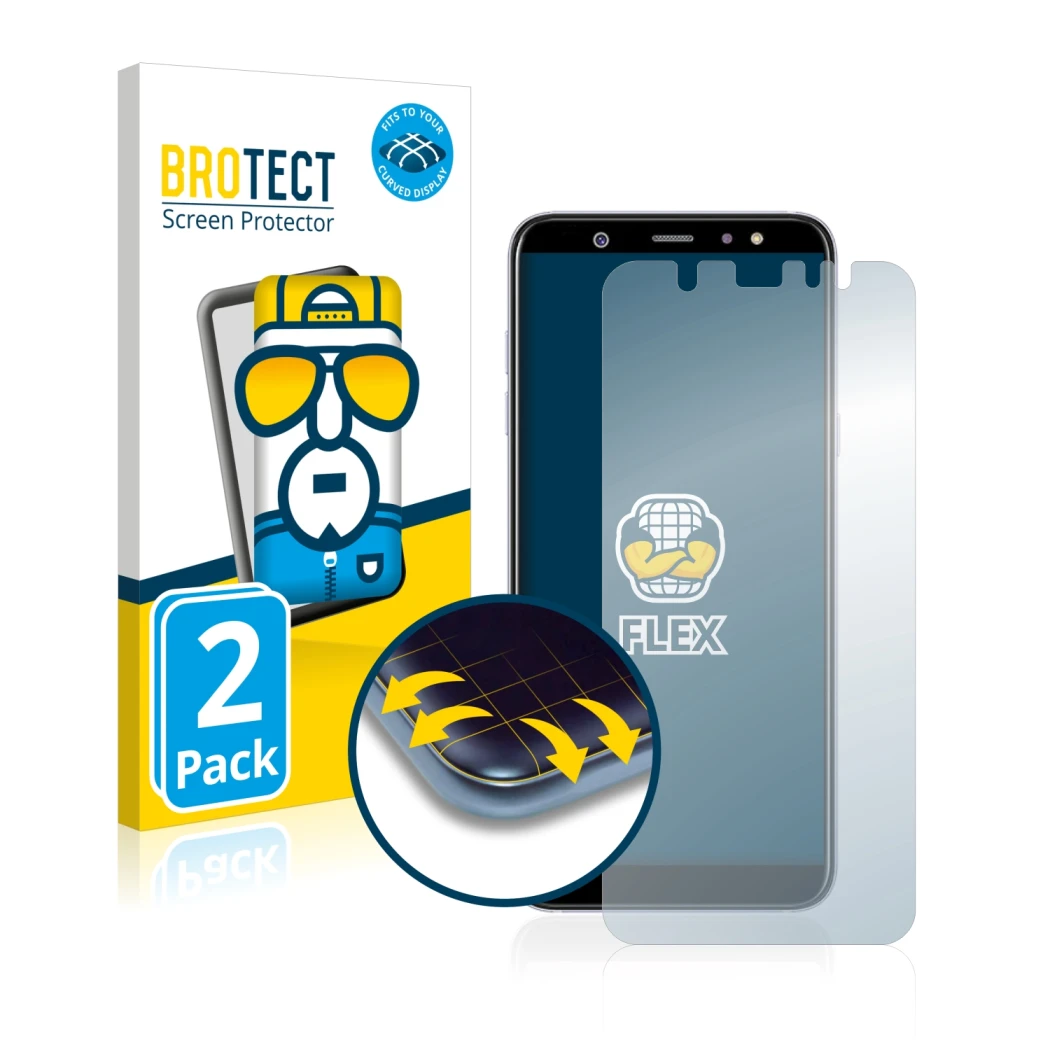 Face avant d’un emballage produit avec le logo de la marque BROTECT. À côté, l’appareil Samsung Galaxy A6 Plus 2018 est représ