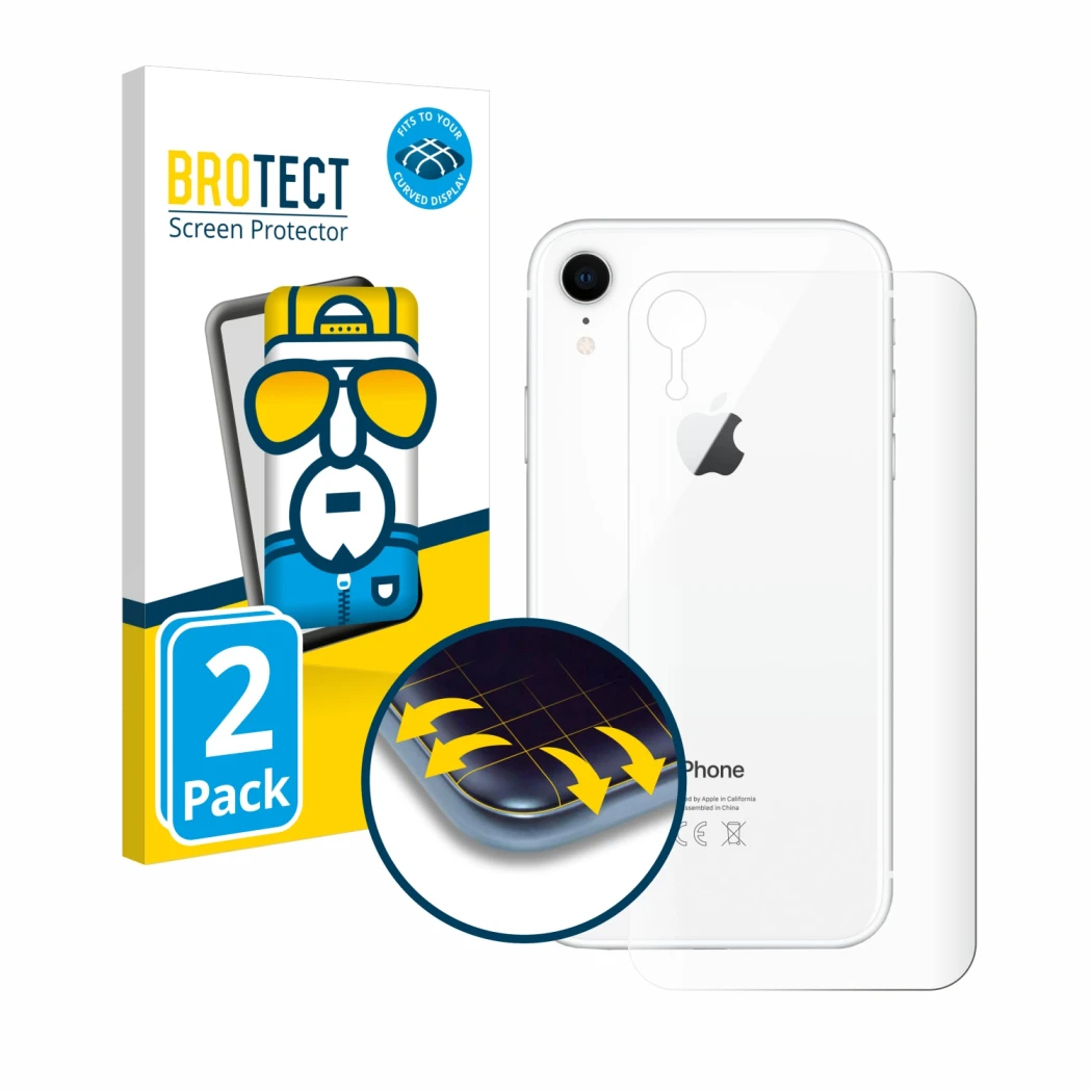 Face avant d’un emballage produit avec le logo de la marque BROTECT. À côté, l’appareil Apple iPhone XR (Le dos) est représent