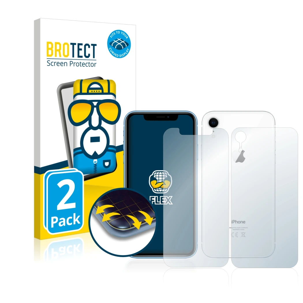 Face avant d’un emballage produit avec le logo de la marque BROTECT. À côté, l’appareil Apple iPhone XR (Avant+Arrière) est re