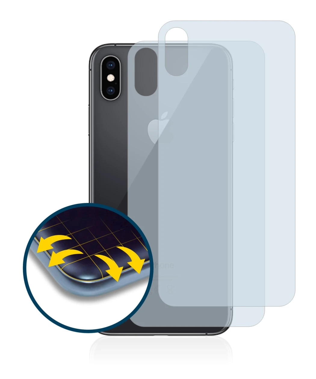 Image de l'appareil Apple iPhone Xs Max (Le dos) avec une grande variété de protections d'écran.