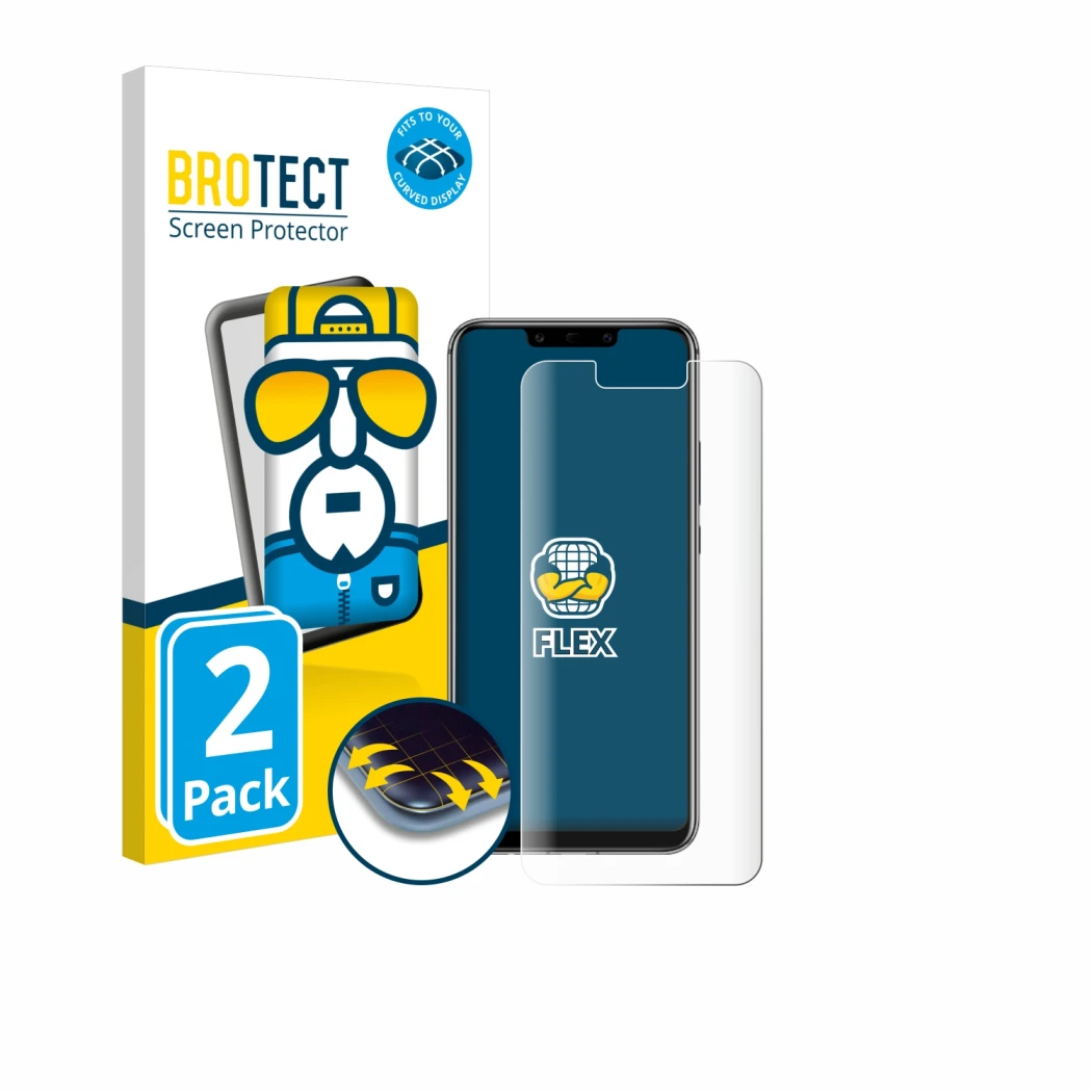 Face avant d’un emballage produit avec le logo de la marque BROTECT. À côté, l’appareil Huawei Mate 20 lite est représenté ave