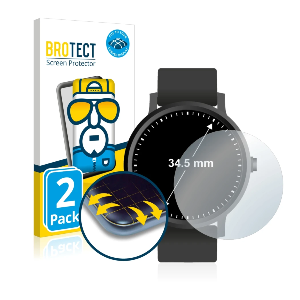 Face avant d’un emballage produit avec le logo de la marque BROTECT. À côté, l’appareil Montres (Circulaire, ø: 34.5 mm) est r