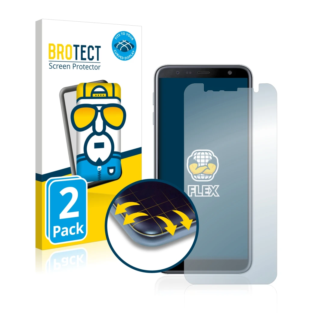 Face avant d’un emballage produit avec le logo de la marque BROTECT. À côté, l’appareil Samsung Galaxy J6 Plus est représenté