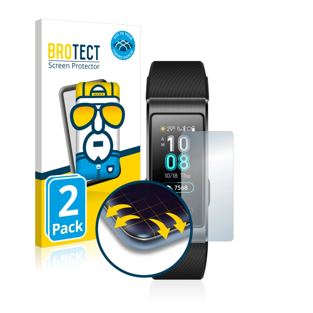 Face avant d’un emballage produit avec le logo de la marque BROTECT. À côté, l’appareil Huawei Band 3 Pro est représenté avec 
