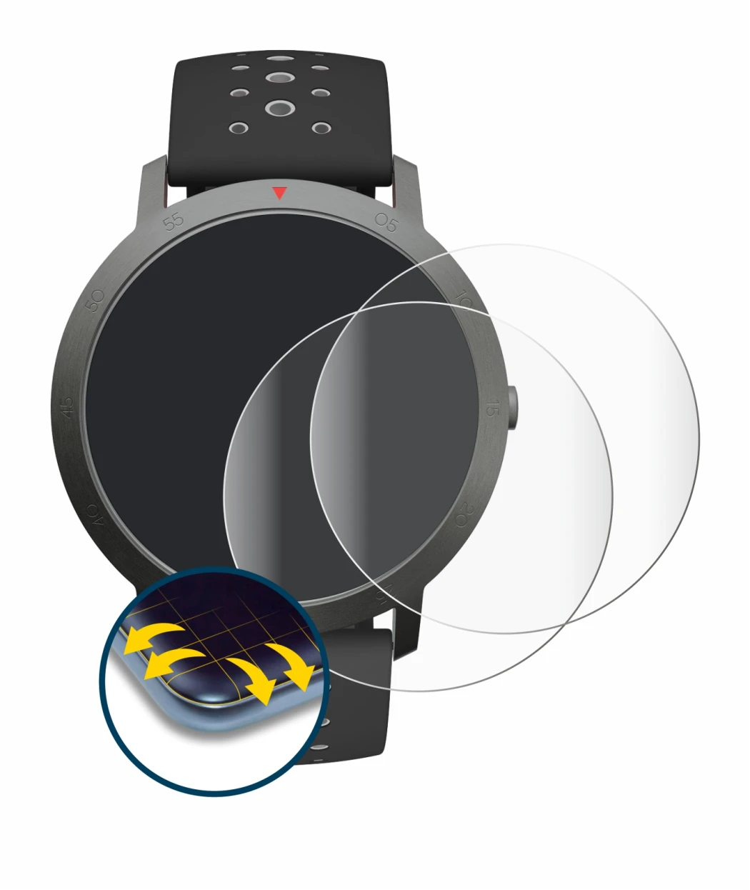 Image de l'appareil Withings Steel HR Sport (40 mm) avec une grande variété de protections d'écran.