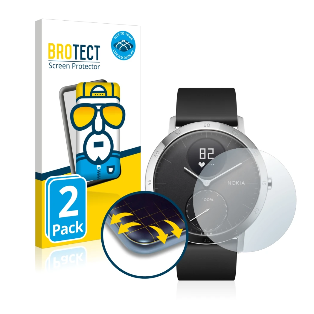 Face avant d’un emballage produit avec le logo de la marque BROTECT. À côté, l’appareil Withings Steel HR (40 mm) est représen