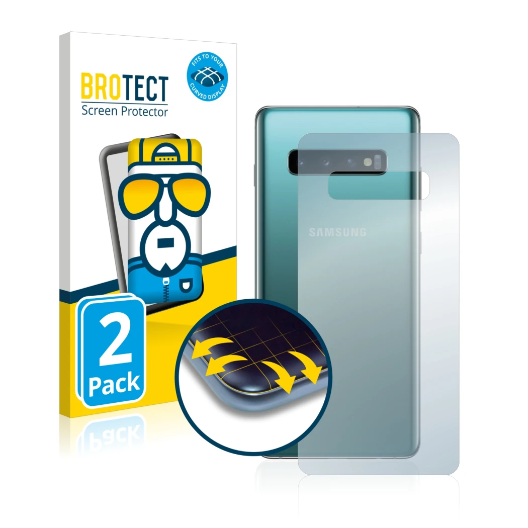 Face avant d’un emballage produit avec le logo de la marque BROTECT. À côté, l’appareil Samsung Galaxy S10 Plus (Arrière) est 