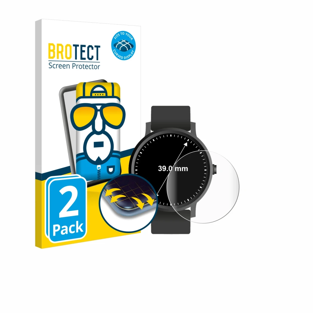 Face avant d’un emballage produit avec le logo de la marque BROTECT. À côté, l’appareil Circulaire Displays (ø: 39 mm) est rep