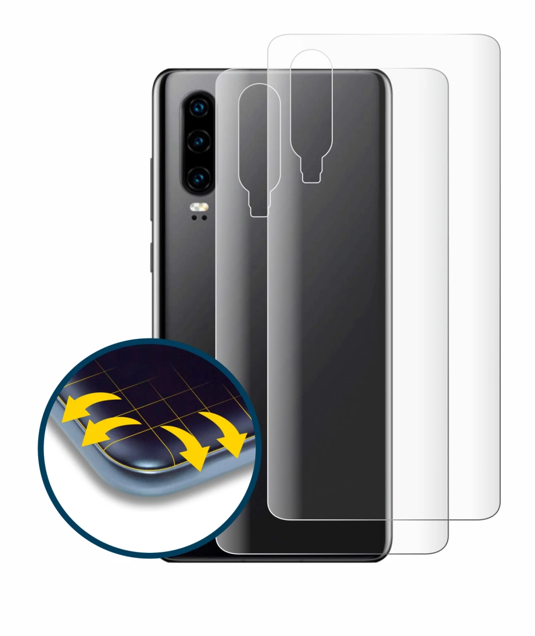 Image de l'appareil Huawei P30 (Arrière) avec une grande variété de protections d'écran.