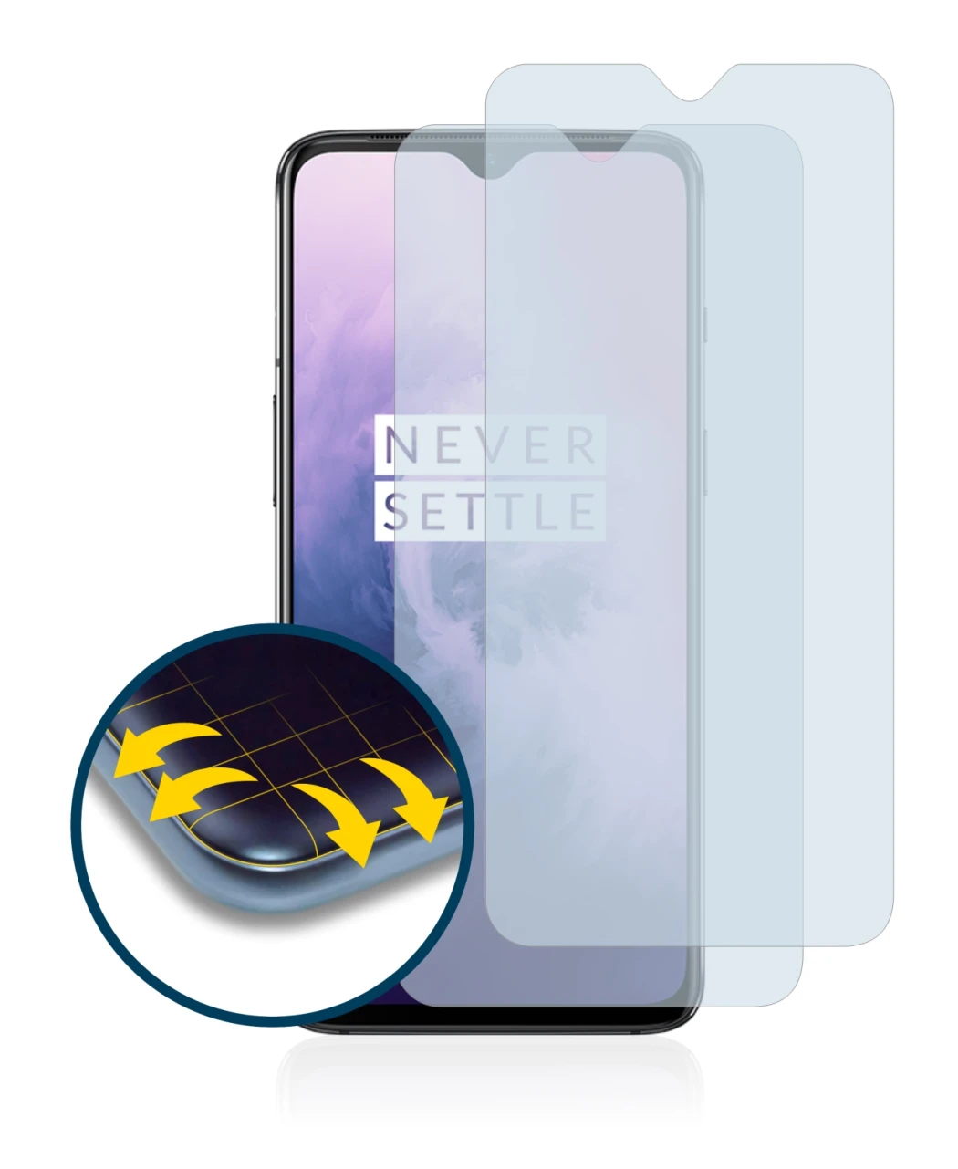Image de l'appareil OnePlus 7 avec une grande variété de protections d'écran.