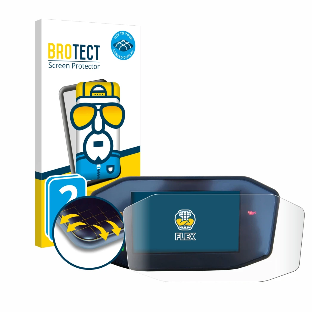 Face avant d’un emballage produit avec le logo de la marque BROTECT. À côté, l’appareil KTM 790 Duke est représenté avec la pr