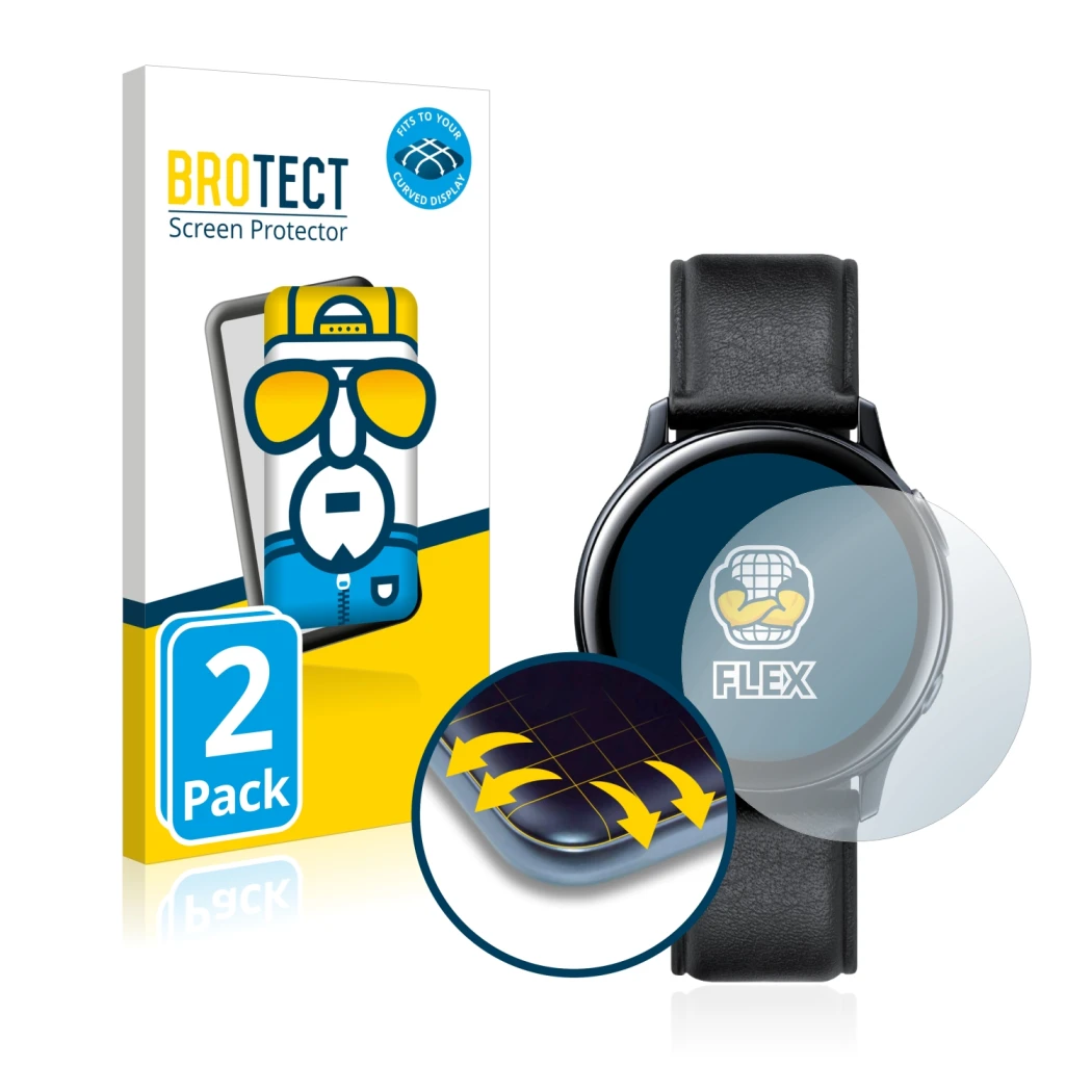 Face avant d’un emballage produit avec le logo de la marque BROTECT. À côté, l’appareil Samsung Galaxy Watch Active 2 (44mm) e