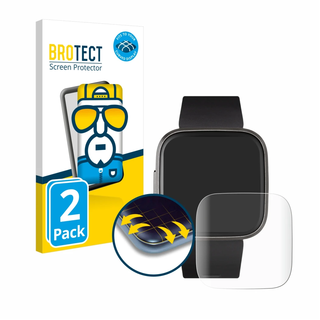 Face avant d’un emballage produit avec le logo de la marque BROTECT. À côté, l’appareil Fitbit Versa 2 est représenté avec la