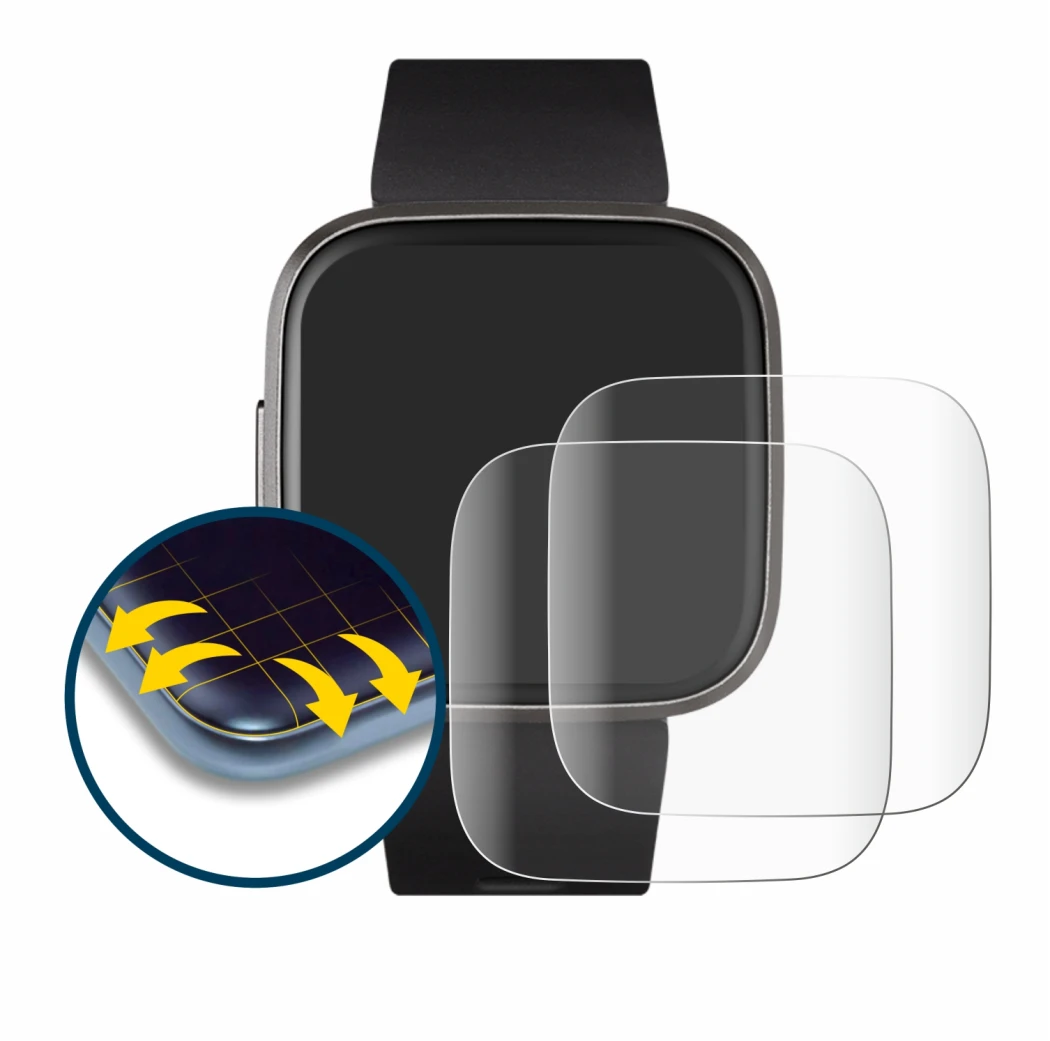 Image de l'appareil Fitbit Versa 2 avec une grande variété de protections d'écran.