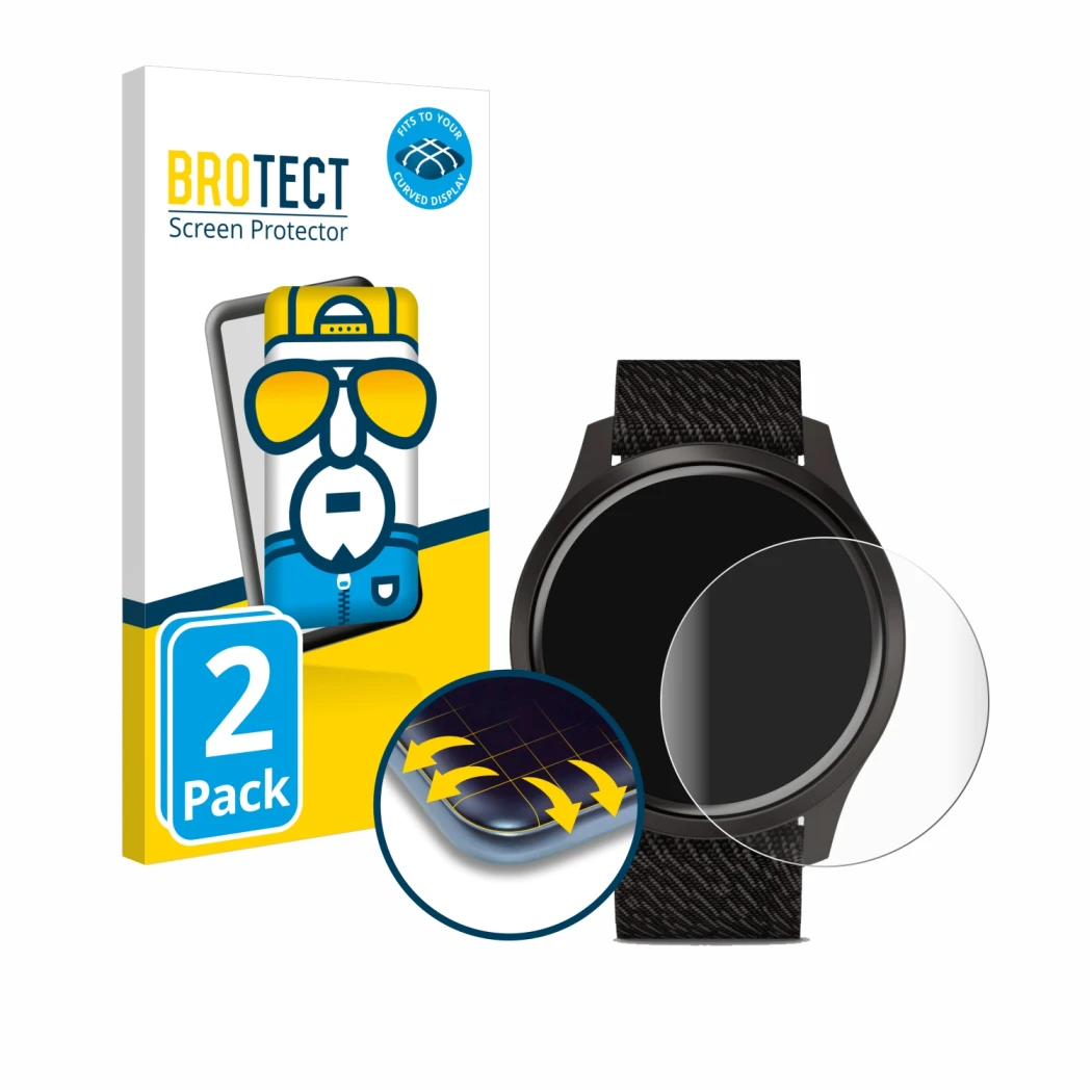 Face avant d’un emballage produit avec le logo de la marque BROTECT. À côté, l’appareil Garmin vivomove Style (42 mm) est repr