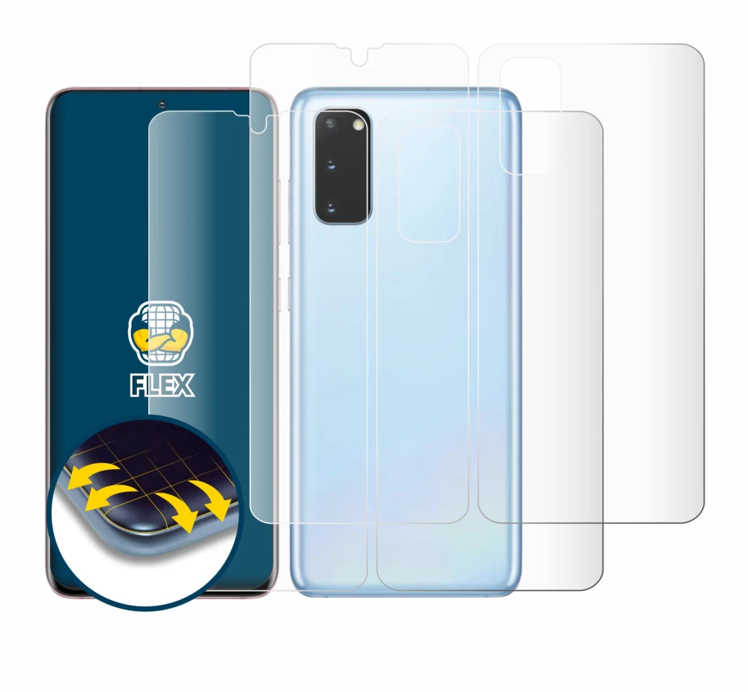 Image de l'appareil Samsung Galaxy S20 (Avant+Arrière) avec une grande variété de protections d'écran.