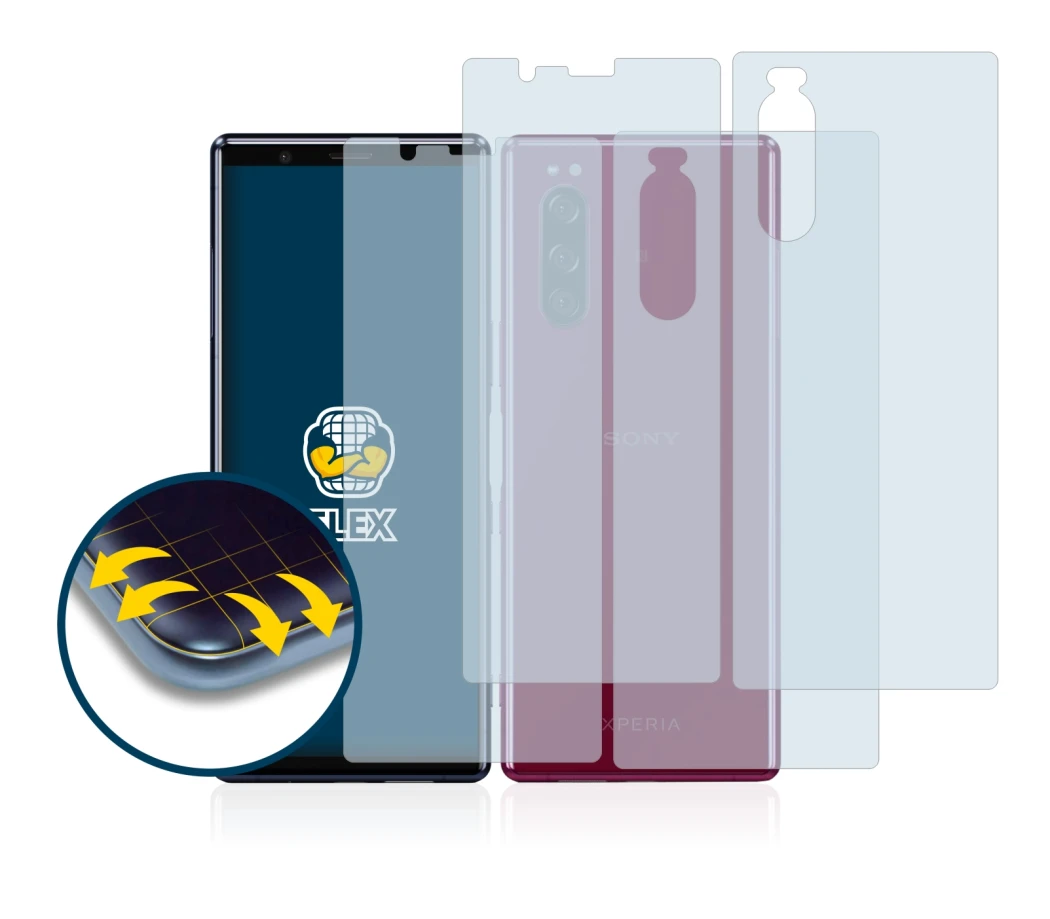 Image de l'appareil Sony Xperia 5 (Avant+Arrière) avec une grande variété de protections d'écran.