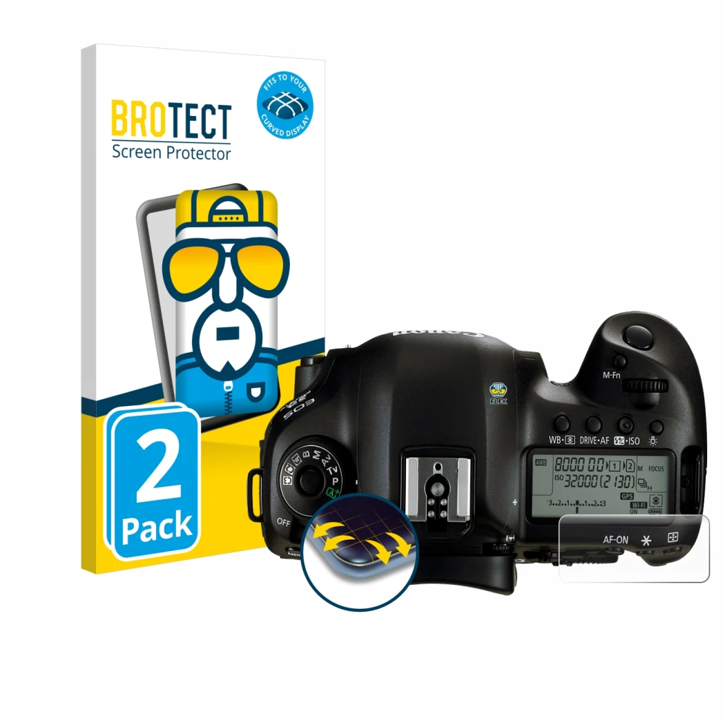 Face avant d’un emballage produit avec le logo de la marque BROTECT. À côté, l’appareil Canon EOS 5D Mark IV (affichage des ép