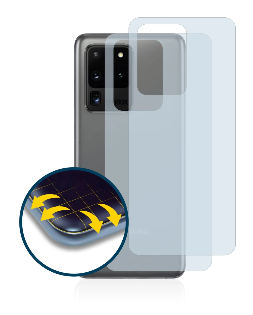 Image de l'appareil Samsung Galaxy S20 Ultra (Arrière) avec une grande variété de protections d'écran.