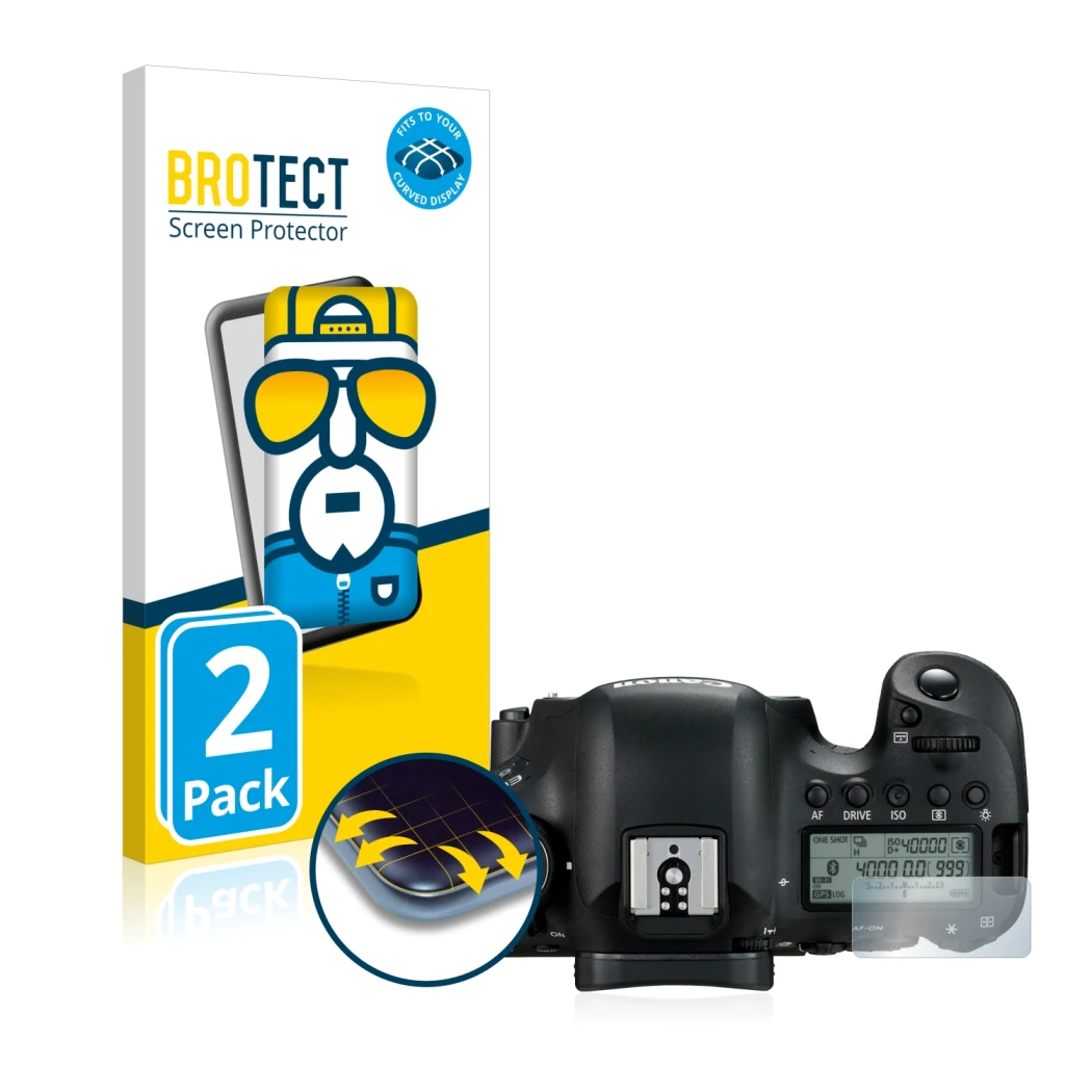 Face avant d’un emballage produit avec le logo de la marque BROTECT. À côté, l’appareil Canon EOS 6D Mark II (affichage des ép