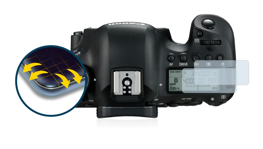 Image de l'appareil Canon EOS 6D Mark II (affichage des épaules) avec une grande variété de protections d'écran.