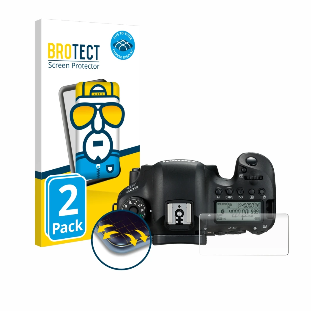 Face avant d’un emballage produit avec le logo de la marque BROTECT. À côté, l’appareil Canon EOS 6D (affichage des épaules) e