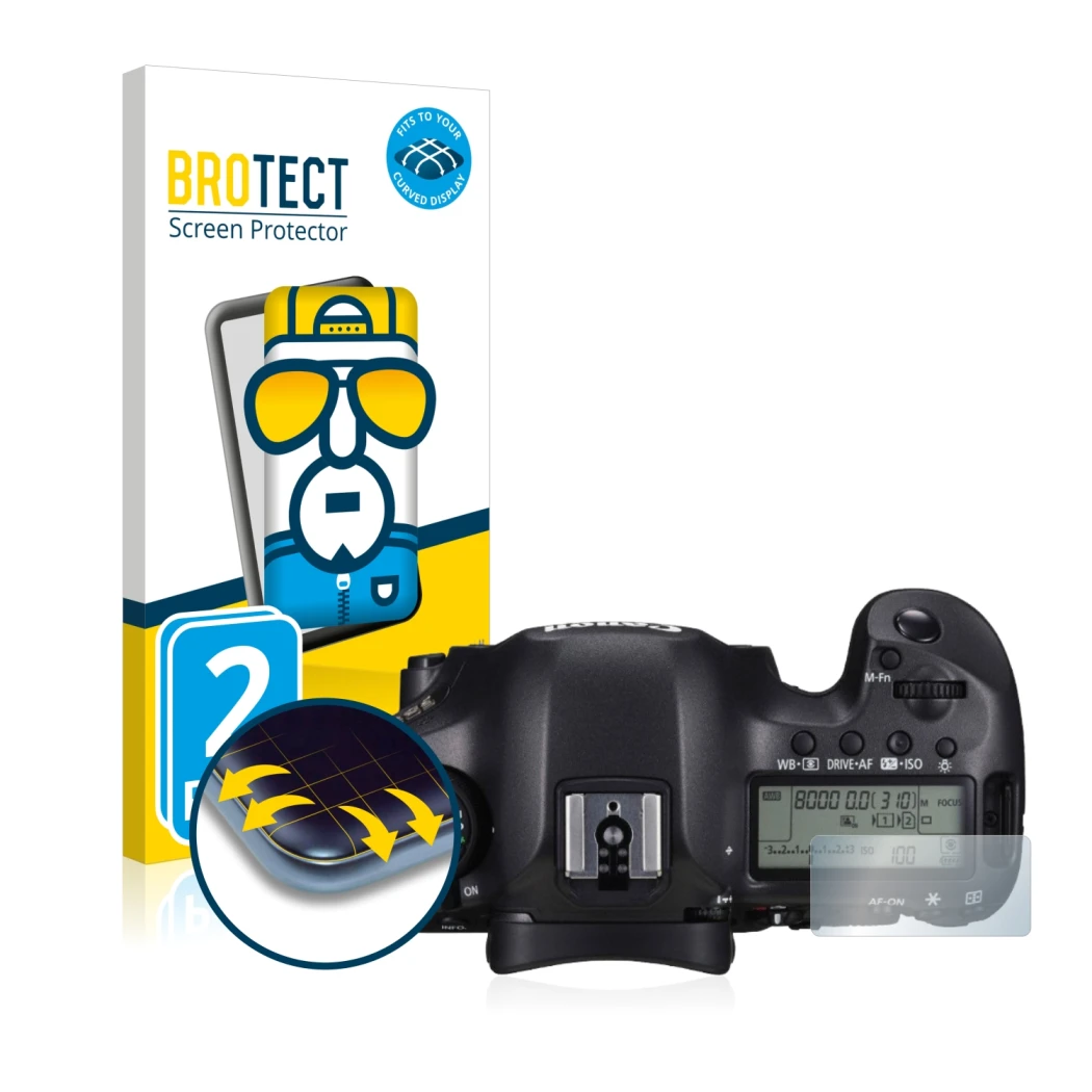 Face avant d’un emballage produit avec le logo de la marque BROTECT. À côté, l’appareil Canon EOS 5DS (affichage des épaules) 