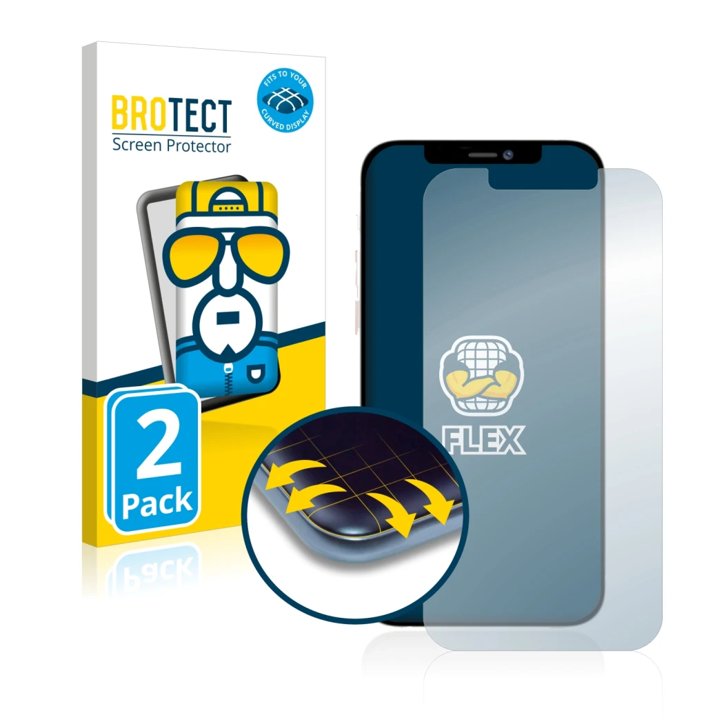 Face avant d’un emballage produit avec le logo de la marque BROTECT. À côté, l’appareil Apple iPhone 12 Pro Max est représenté