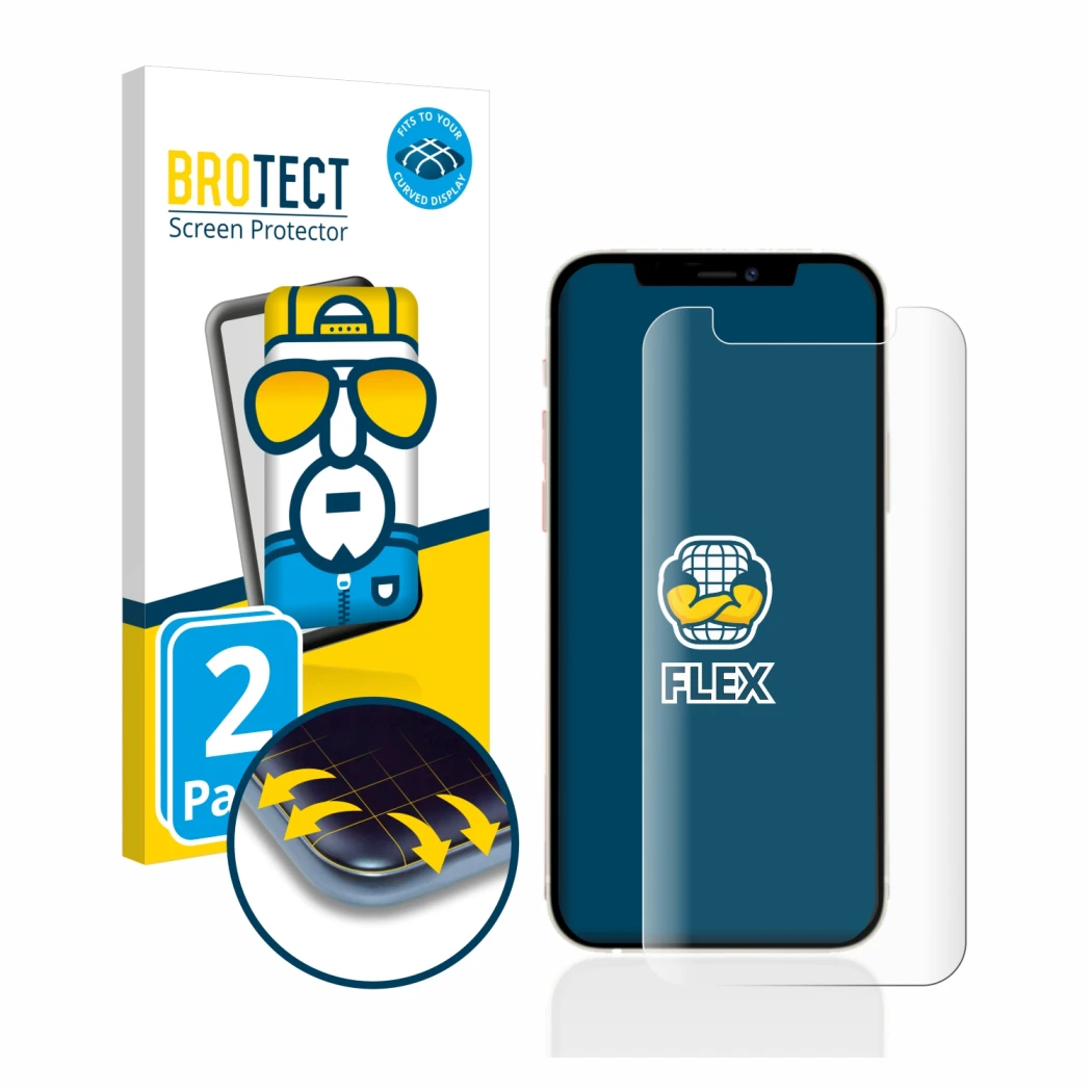 Face avant d’un emballage produit avec le logo de la marque BROTECT. À côté, l’appareil Apple iPhone 12 mini est représenté av