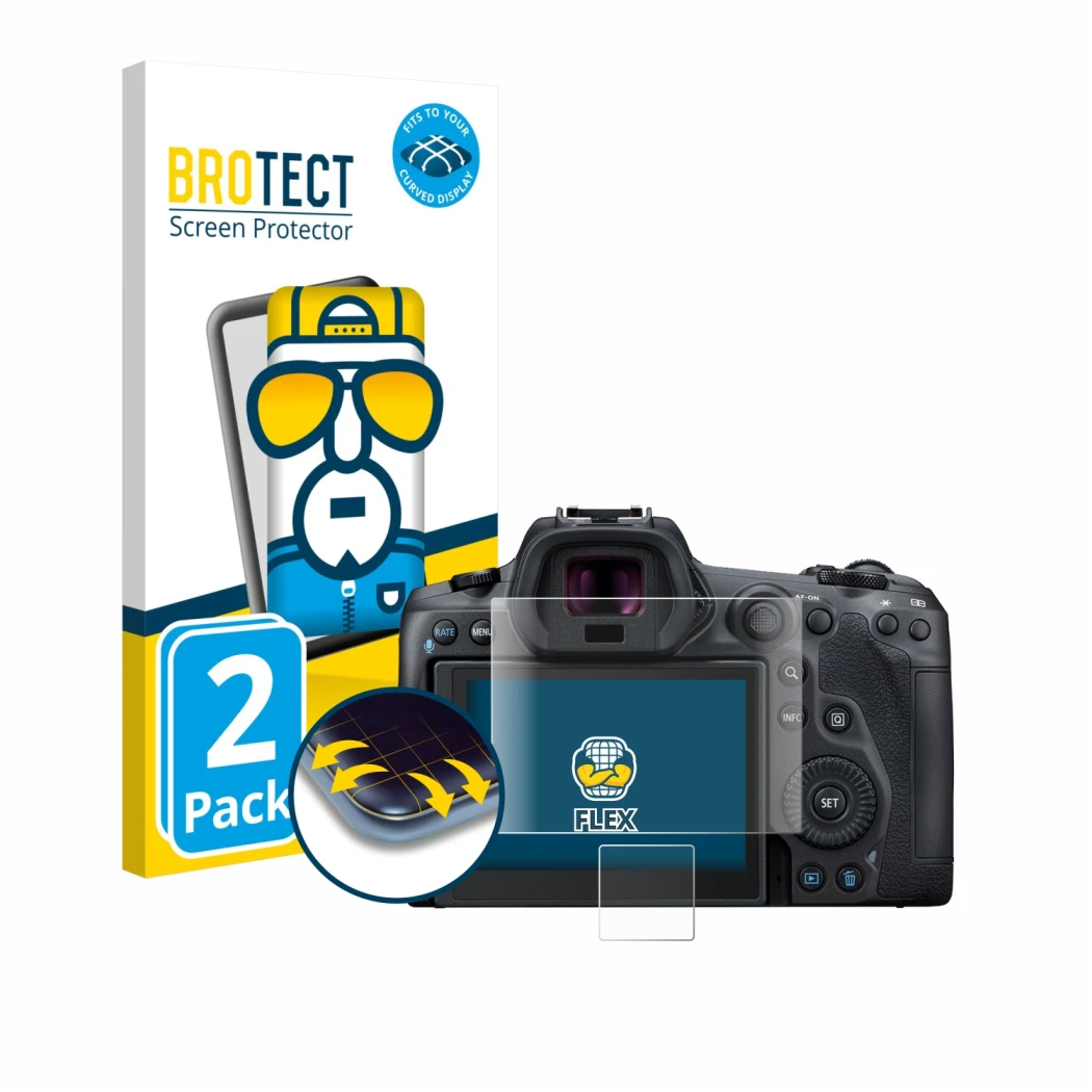 Face avant d’un emballage produit avec le logo de la marque BROTECT. À côté, l’appareil Canon EOS R5 est représenté avec la pr