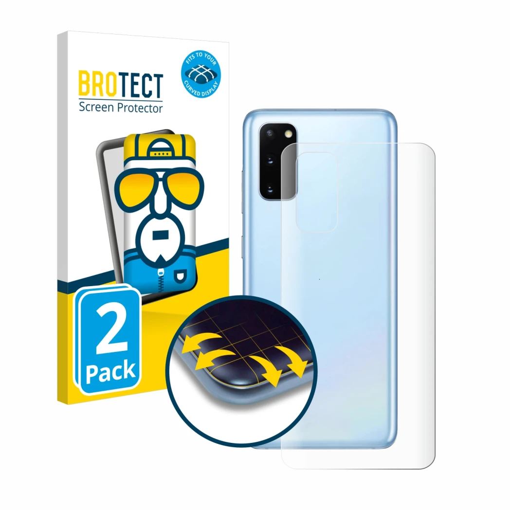 Face avant d’un emballage produit avec le logo de la marque BROTECT. À côté, l’appareil Samsung Galaxy S20 5G (Arrière) est re