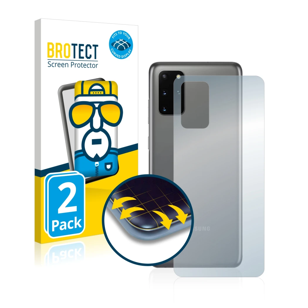Face avant d’un emballage produit avec le logo de la marque BROTECT. À côté, l’appareil Samsung Galaxy S20 Plus 5G (Arrière) e