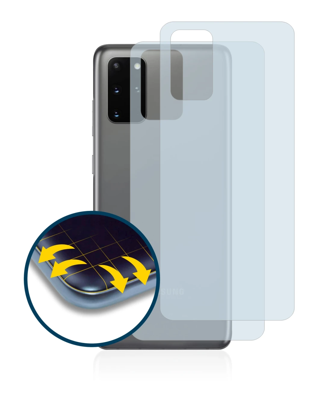 Image de l'appareil Samsung Galaxy S20 Plus 5G (Arrière) avec une grande variété de protections d'écran.