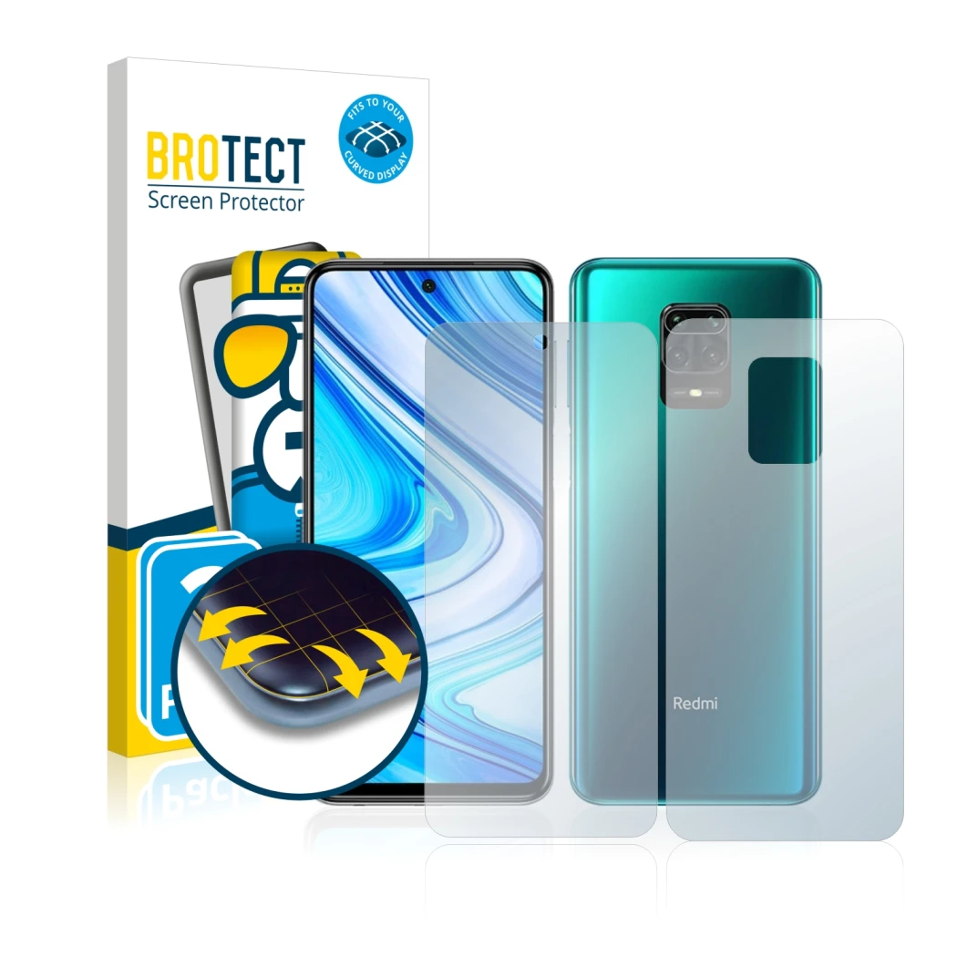 Face avant d’un emballage produit avec le logo de la marque BROTECT. À côté, l’appareil Xiaomi Redmi Note 9 Pro (Avant+Arrière