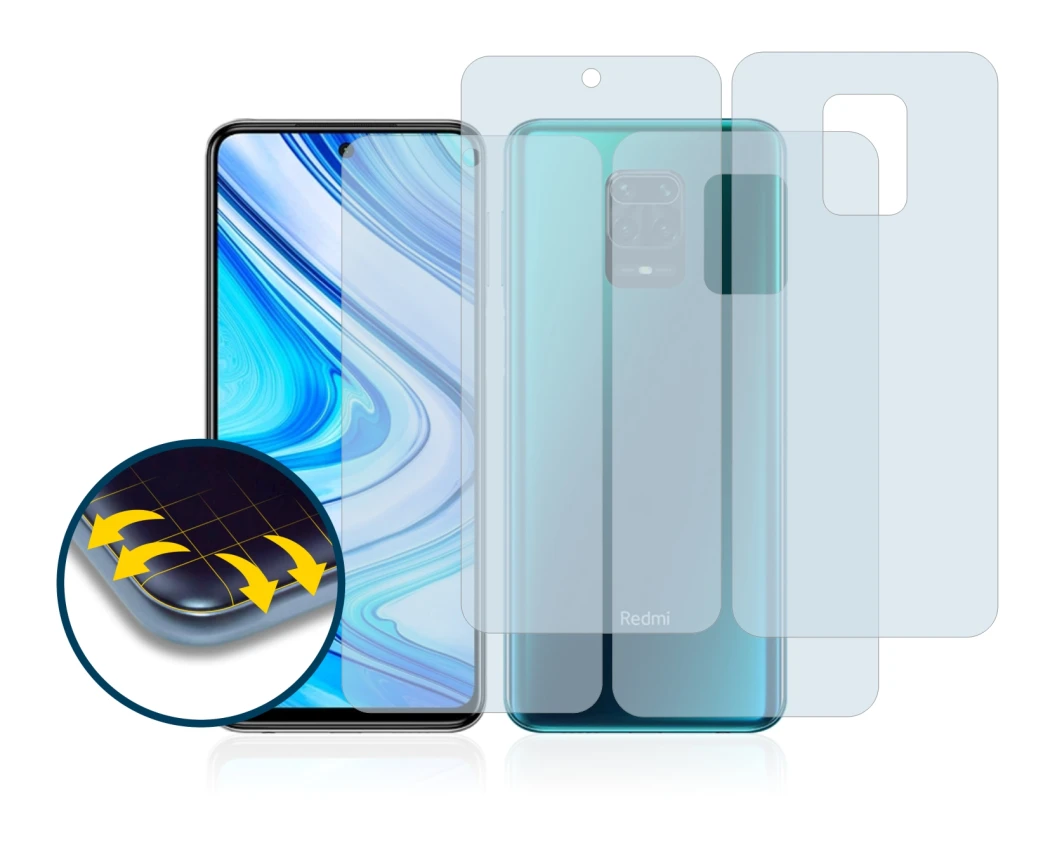 Image de l'appareil Xiaomi Redmi Note 9 Pro (Avant+Arrière) avec une grande variété de protections d'écran.