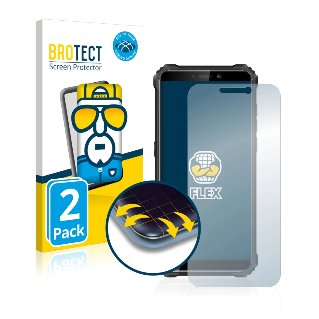 Face avant d’un emballage produit avec le logo de la marque BROTECT. À côté, l’appareil Oukitel WP5 est représenté avec la pro