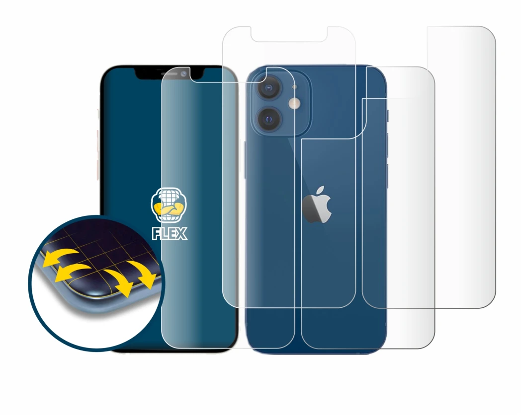 Image de l'appareil Apple iPhone 12 mini (Avant+Arrière) avec une grande variété de protections d'écran.