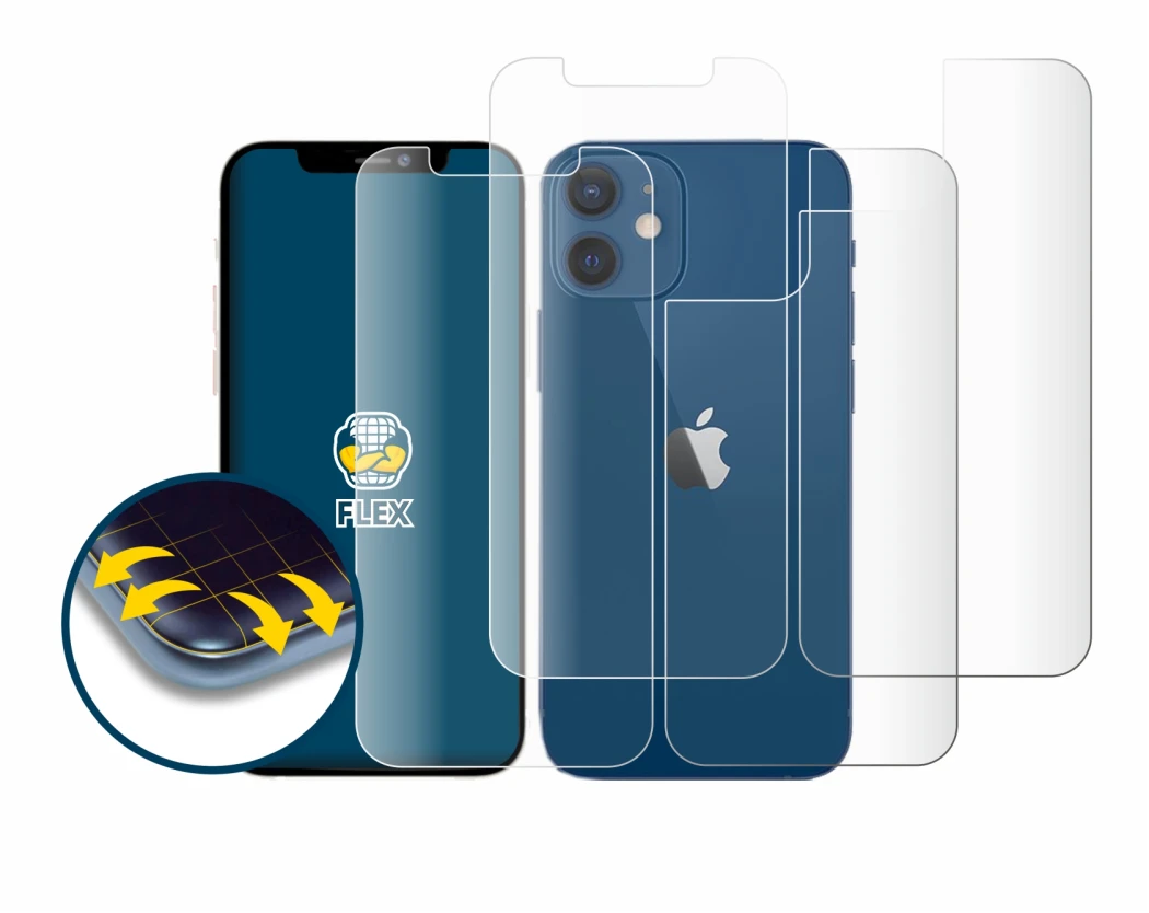 Image de l'appareil Apple iPhone 12 (Avant+Arrière) avec une grande variété de protections d'écran.