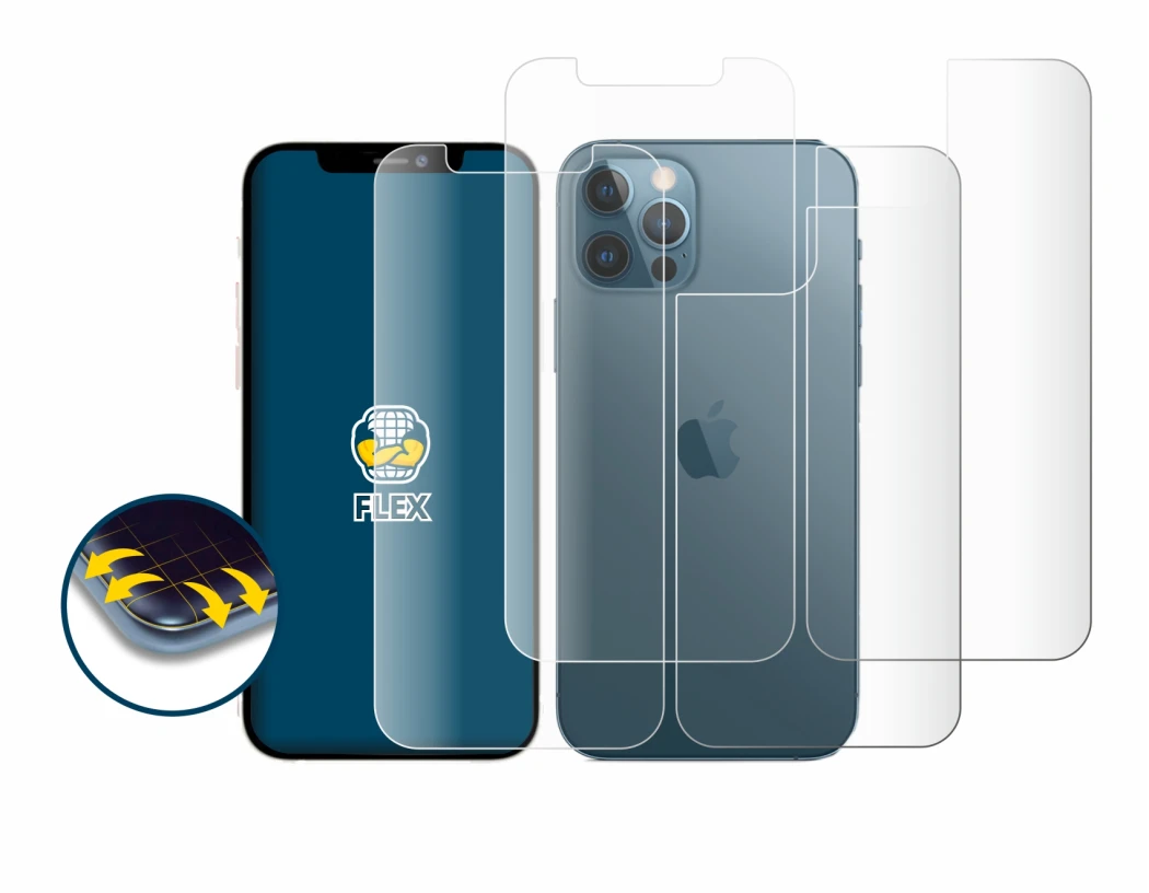 Image de l'appareil Apple iPhone 12 Pro (Avant+Arrière) avec une grande variété de protections d'écran.