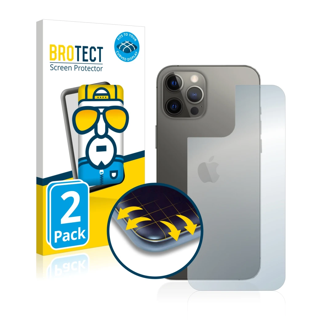 Face avant d’un emballage produit avec le logo de la marque BROTECT. À côté, l’appareil Apple iPhone 12 Pro Max (Arrière) est