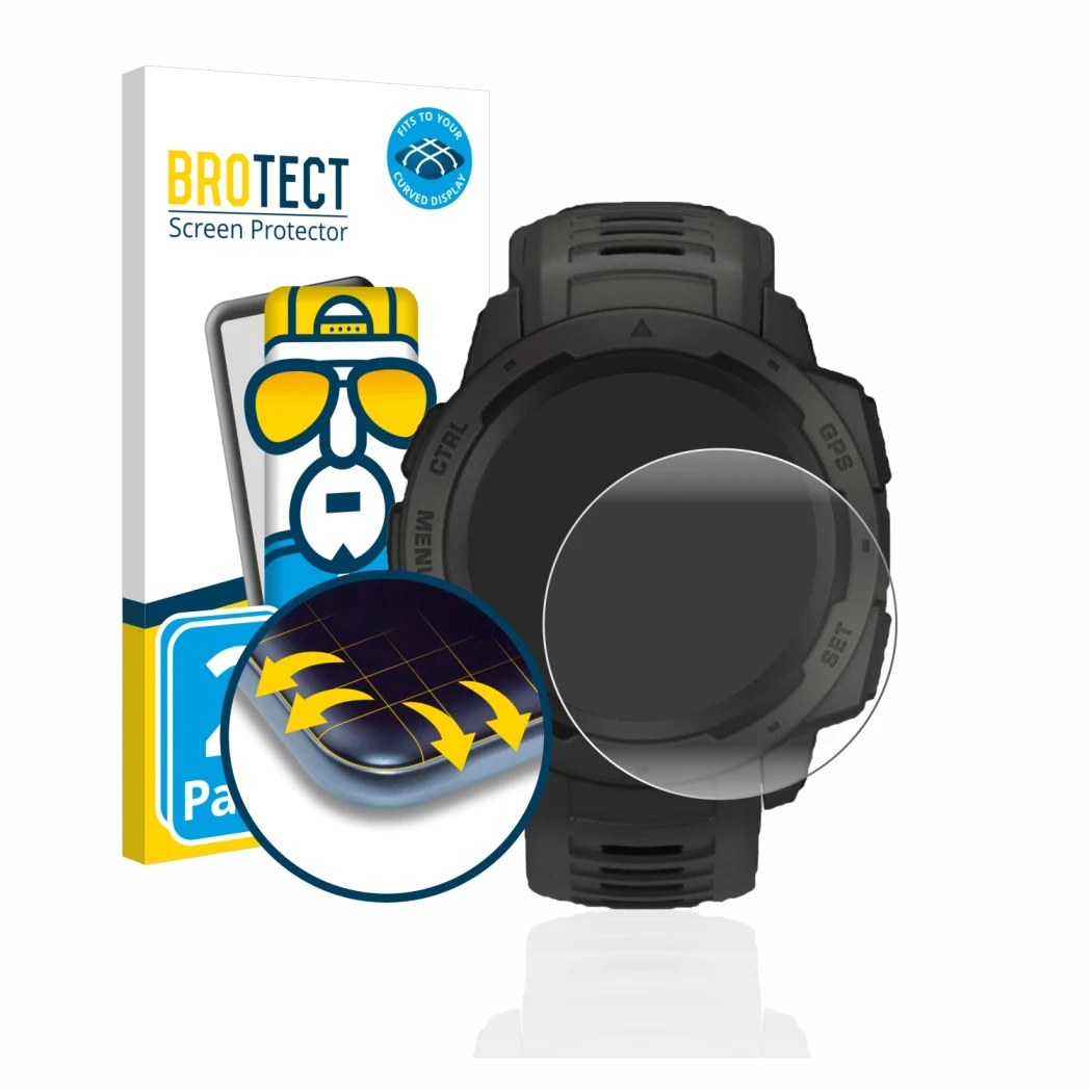 Face avant d’un emballage produit avec le logo de la marque BROTECT. À côté, l’appareil Garmin Instinct Solar est représenté a