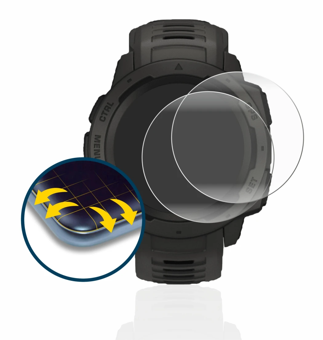 Image de l'appareil Garmin Instinct Solar avec une grande variété de protections d'écran.
