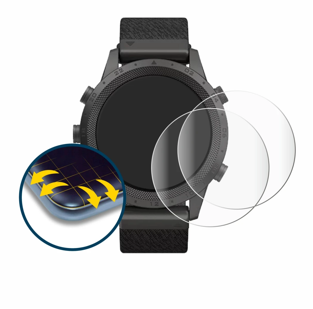 Image de l'appareil Garmin Marq Expedition avec une grande variété de protections d'écran.