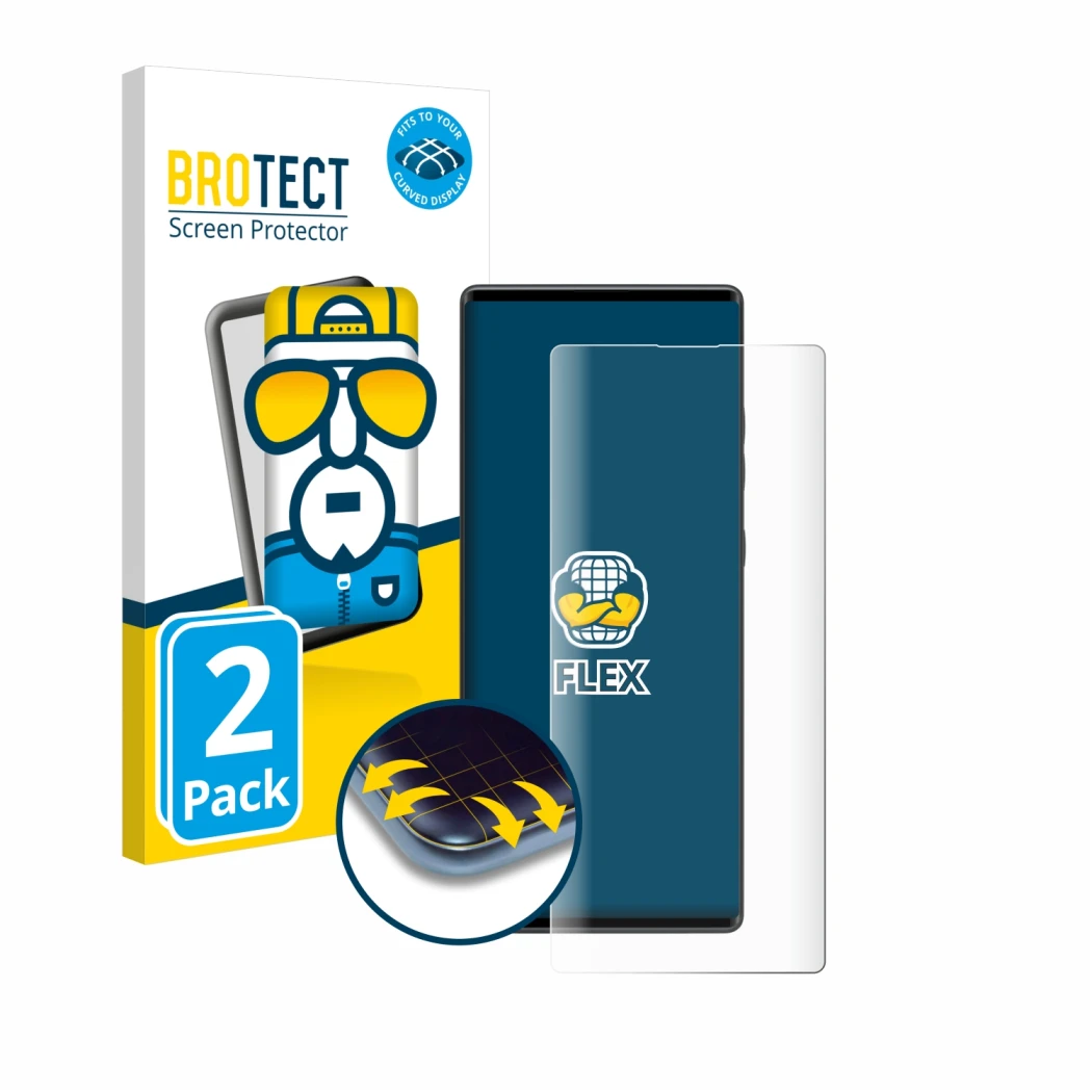 Face avant d’un emballage produit avec le logo de la marque BROTECT. À côté, l’appareil LG Wing est représenté avec la protect