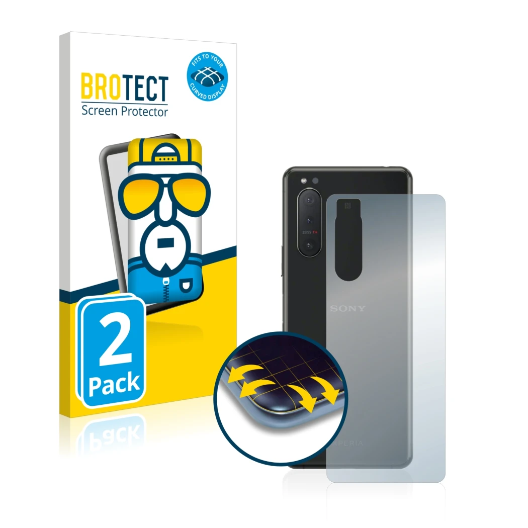 Face avant d’un emballage produit avec le logo de la marque BROTECT. À côté, l’appareil Sony Xperia 5 II (Arrière) est représe