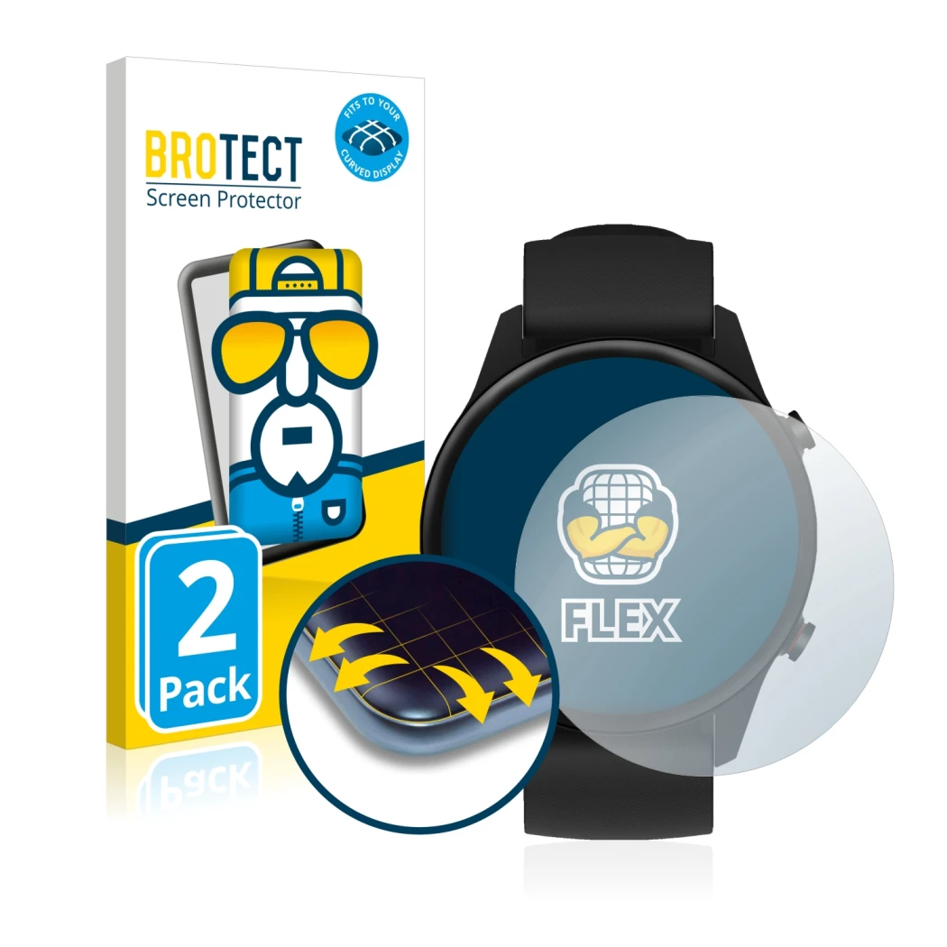 Face avant d’un emballage produit avec le logo de la marque BROTECT. À côté, l’appareil Xiaomi Mi Watch 2021 est représenté av