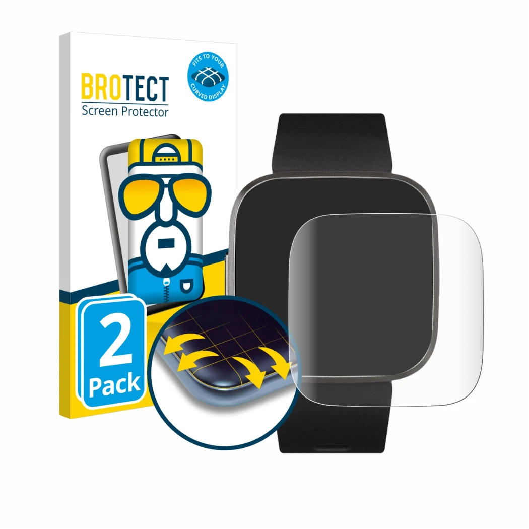 Face avant d’un emballage produit avec le logo de la marque BROTECT. À côté, l’appareil Fitbit Versa 2 Special Edition est rep
